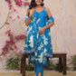 Blue Cotton Printed Straight Kurta Set with Pant & Dupatta V-Neck Casual & Office Wear for Women