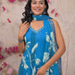 Blue Cotton Printed Straight Kurta Set with Pant & Dupatta V-Neck Casual & Office Wear for Women