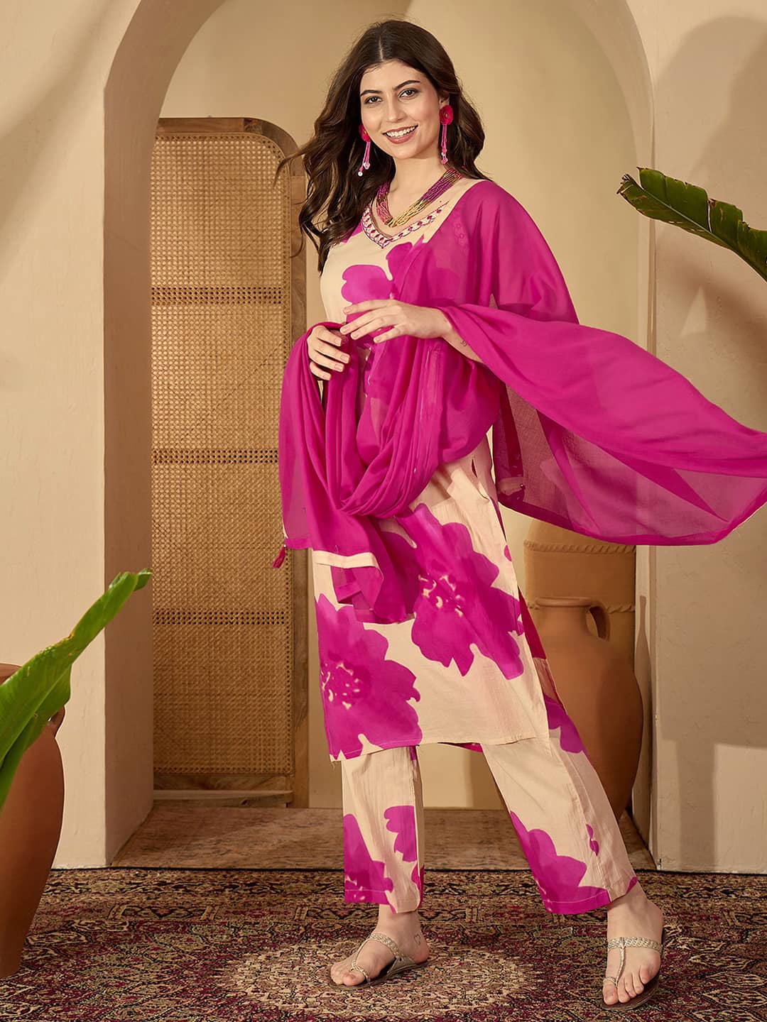 Pink Cotton Printed Straight Kurta Set with Pant & Dupatta V-Neck Casual & Office Wear for Women