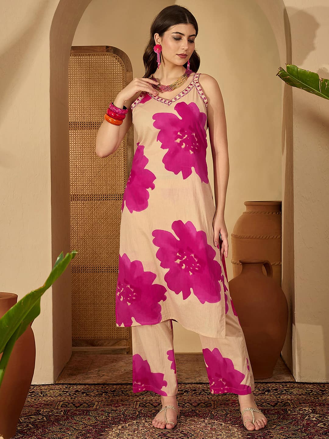 Pink Cotton Printed Straight Kurta Set with Pant & Dupatta V-Neck Casual & Office Wear for Women