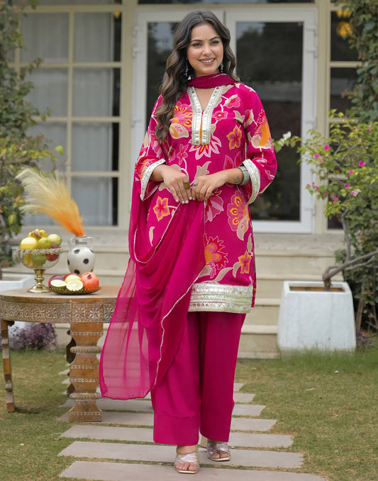 Muslin Floral Print Straight 3 Piece Kurta Set