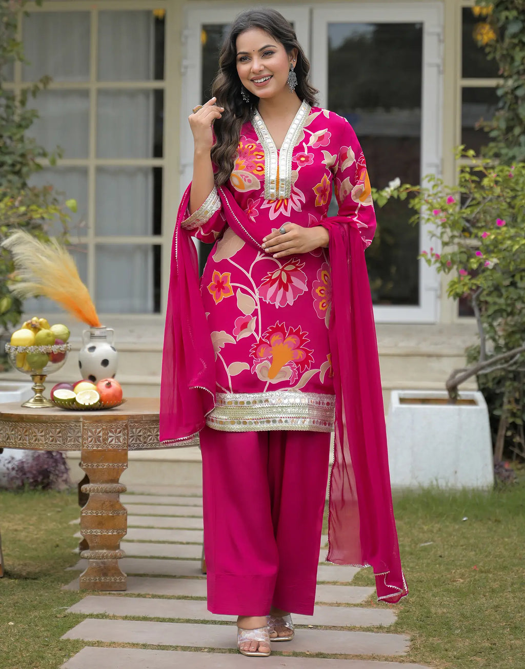 Muslin Floral Print Straight 3 Piece Kurta Set