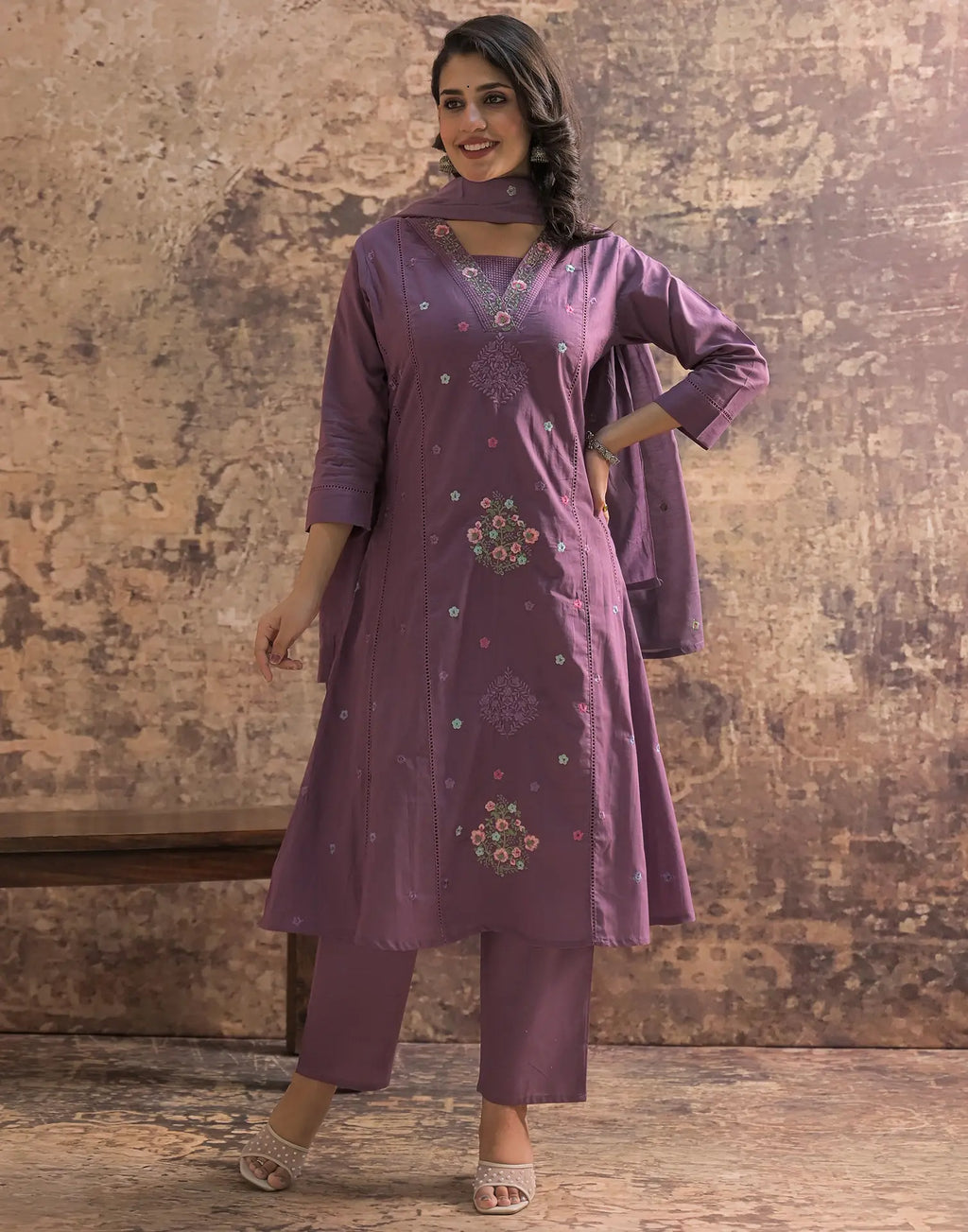 Cotton Embroidered A-Line 3 Piece Kurta Set