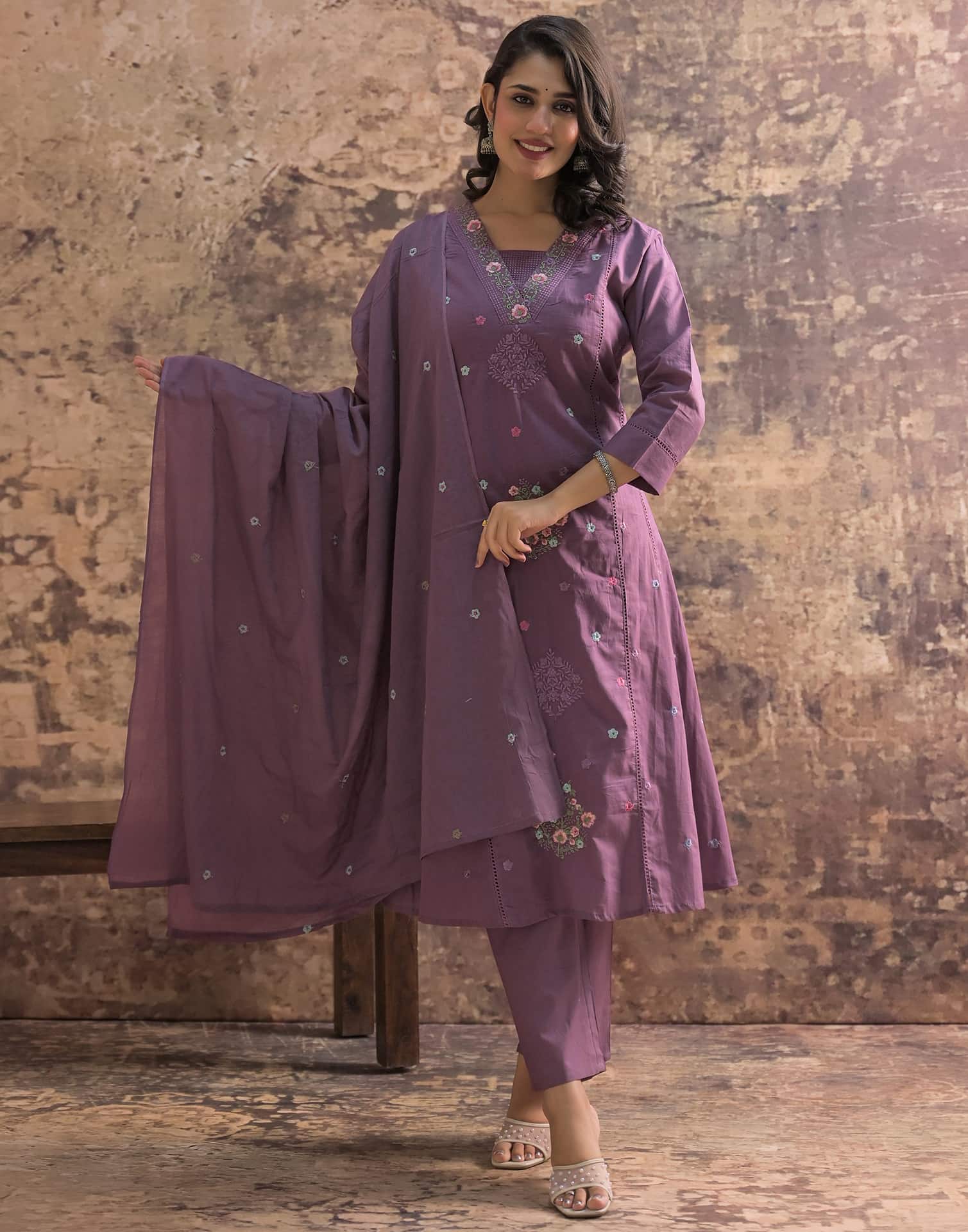 Purple Cotton Embroidered Anarkali Kurta Set with Dupatta V-Neck Casual & Office Wear for Women