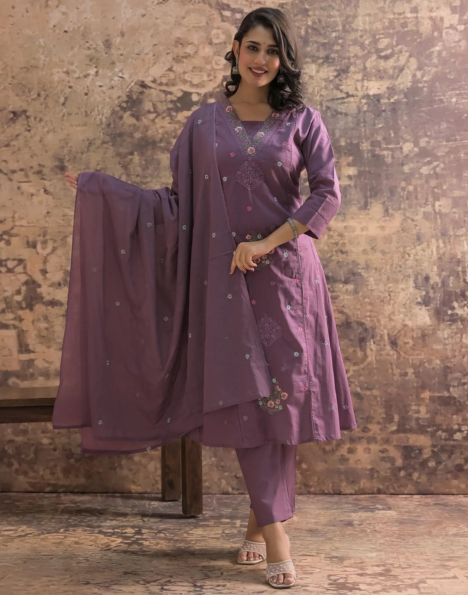 Cotton Embroidered A-Line 3 Piece Kurta Set