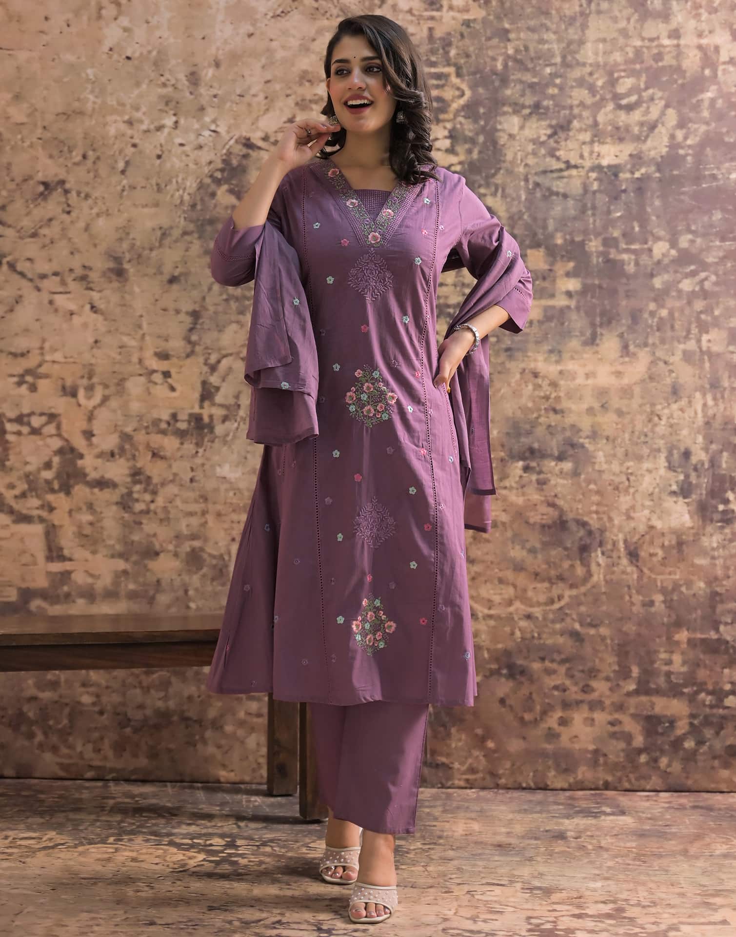 Purple Cotton Embroidered Anarkali Kurta Set with Dupatta V-Neck Casual & Office Wear for Women