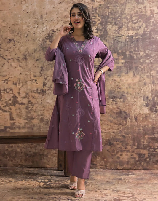 Cotton Embroidered A-Line 3 Piece Kurta Set