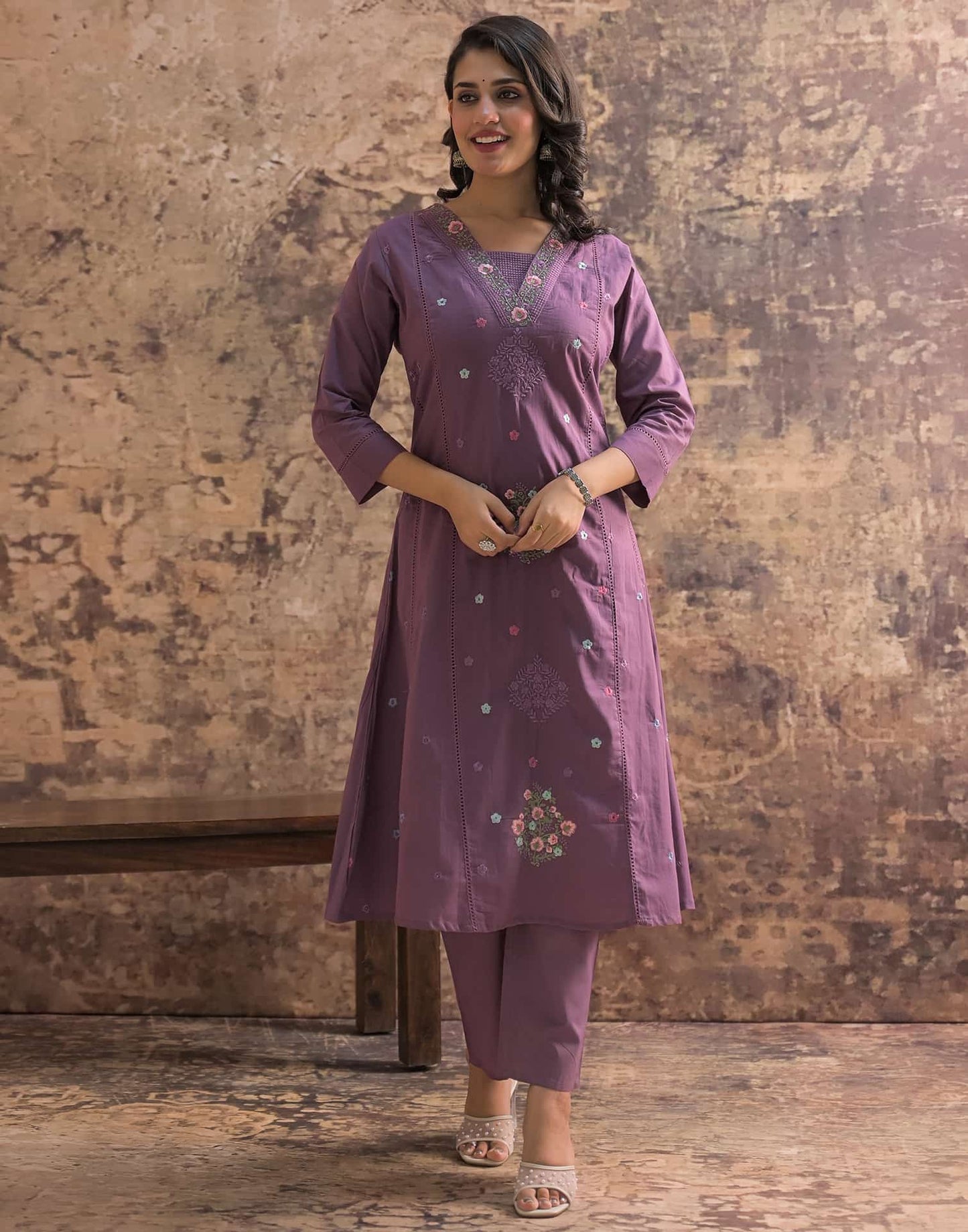Purple Cotton Embroidered Anarkali Kurta Set with Dupatta V-Neck Casual & Office Wear for Women