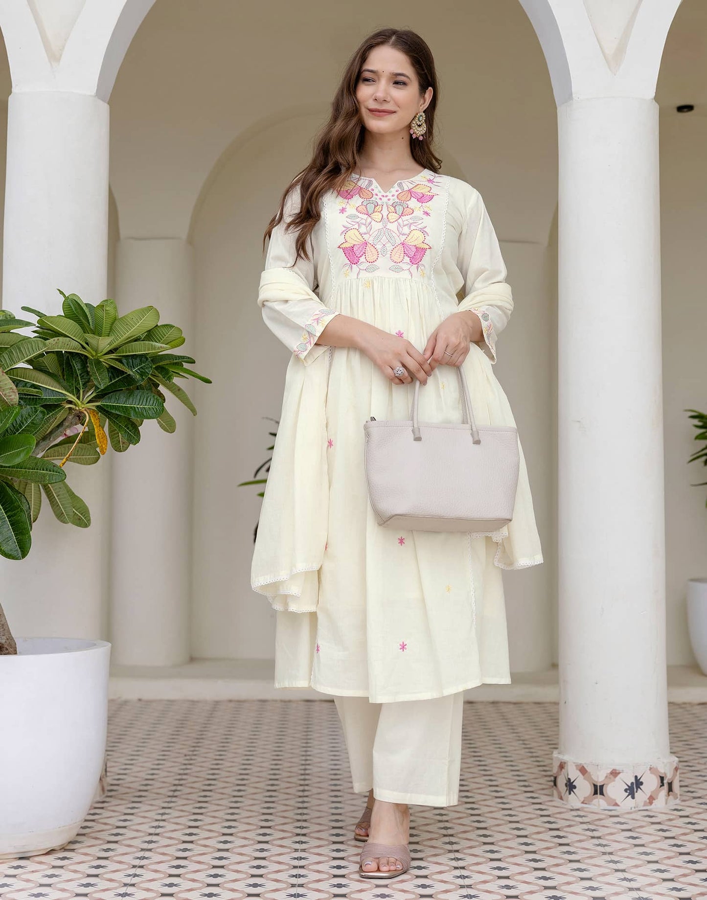 Cotton Embroidered A-line Kurta with Pant & Dupatta