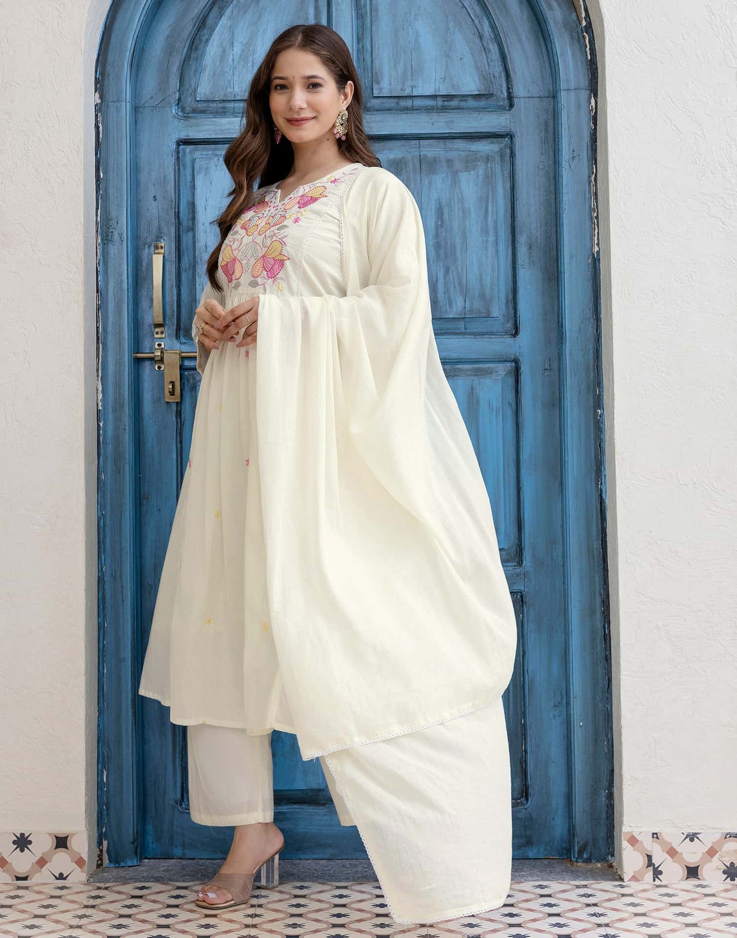 Cotton Embroidered A-line Kurta with Pant & Dupatta