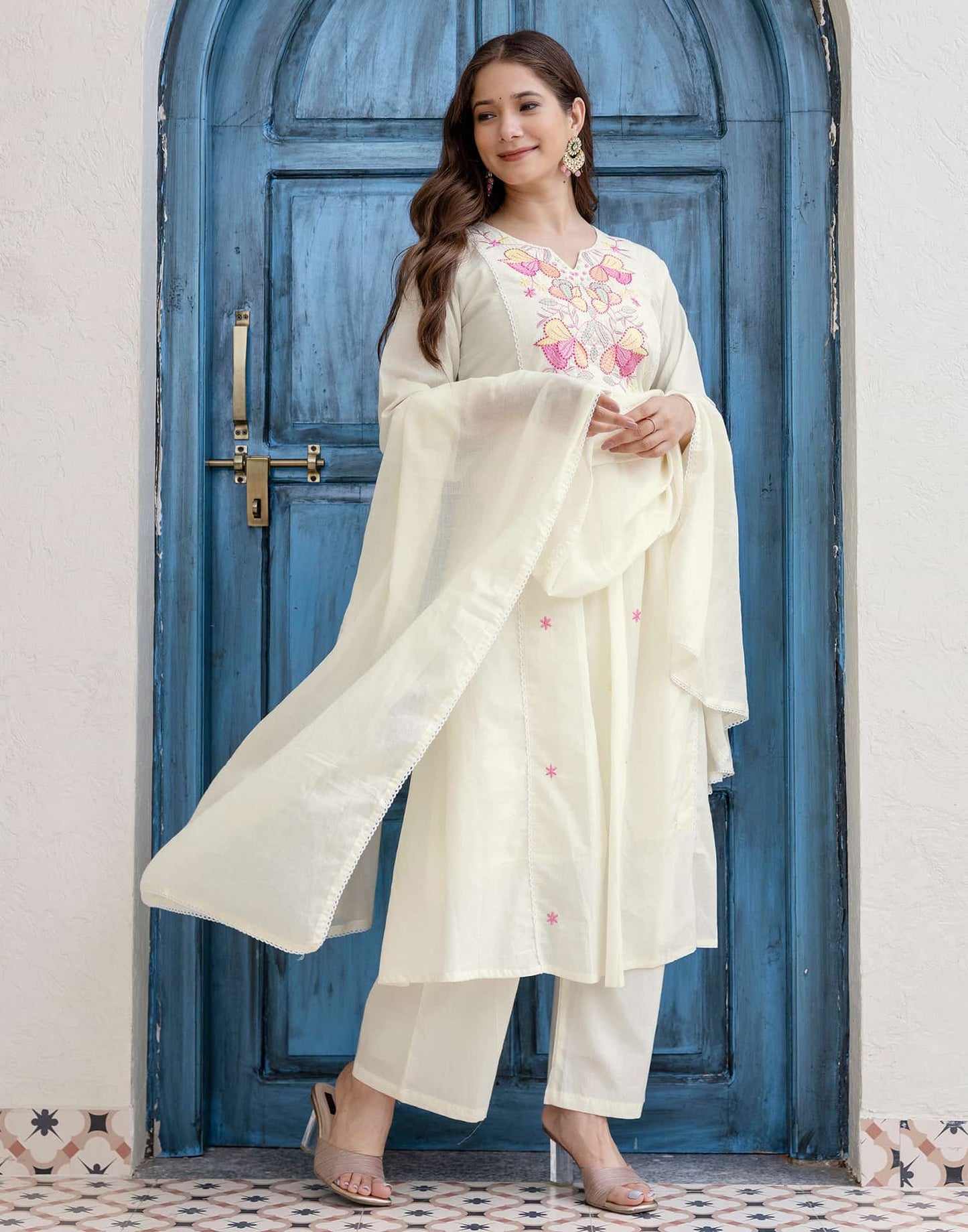 Cotton Embroidered A-line Kurta with Pant & Dupatta