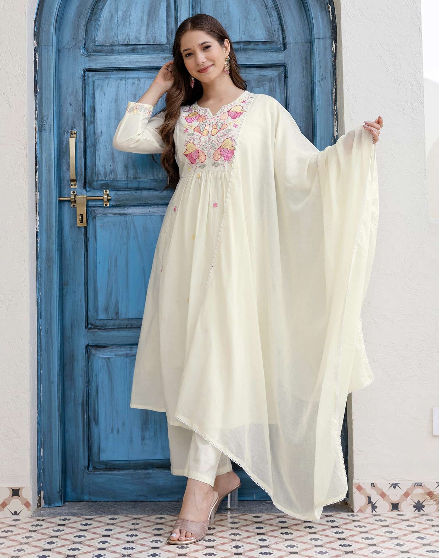 Cotton Embroidered A-line Kurta with Pant & Dupatta