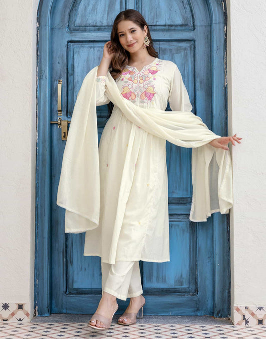 Cotton Embroidered A-line Kurta with Pant & Dupatta