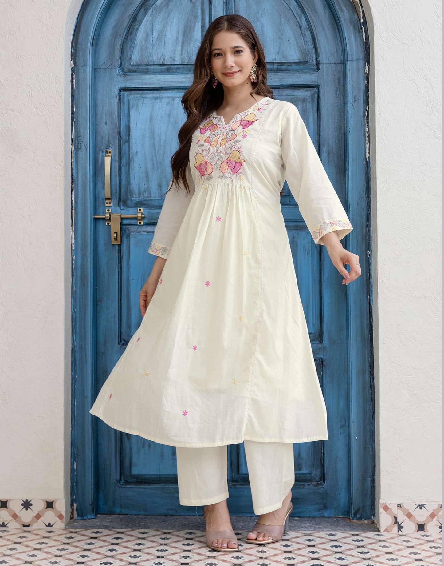 Cotton Embroidered A-line Kurta with Pant & Dupatta