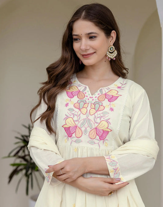 Ivory White Notched Round Neck Floral Floral Botanical Thread Embroidery Anarkali 3 Piece Kurta Set With Dupatta