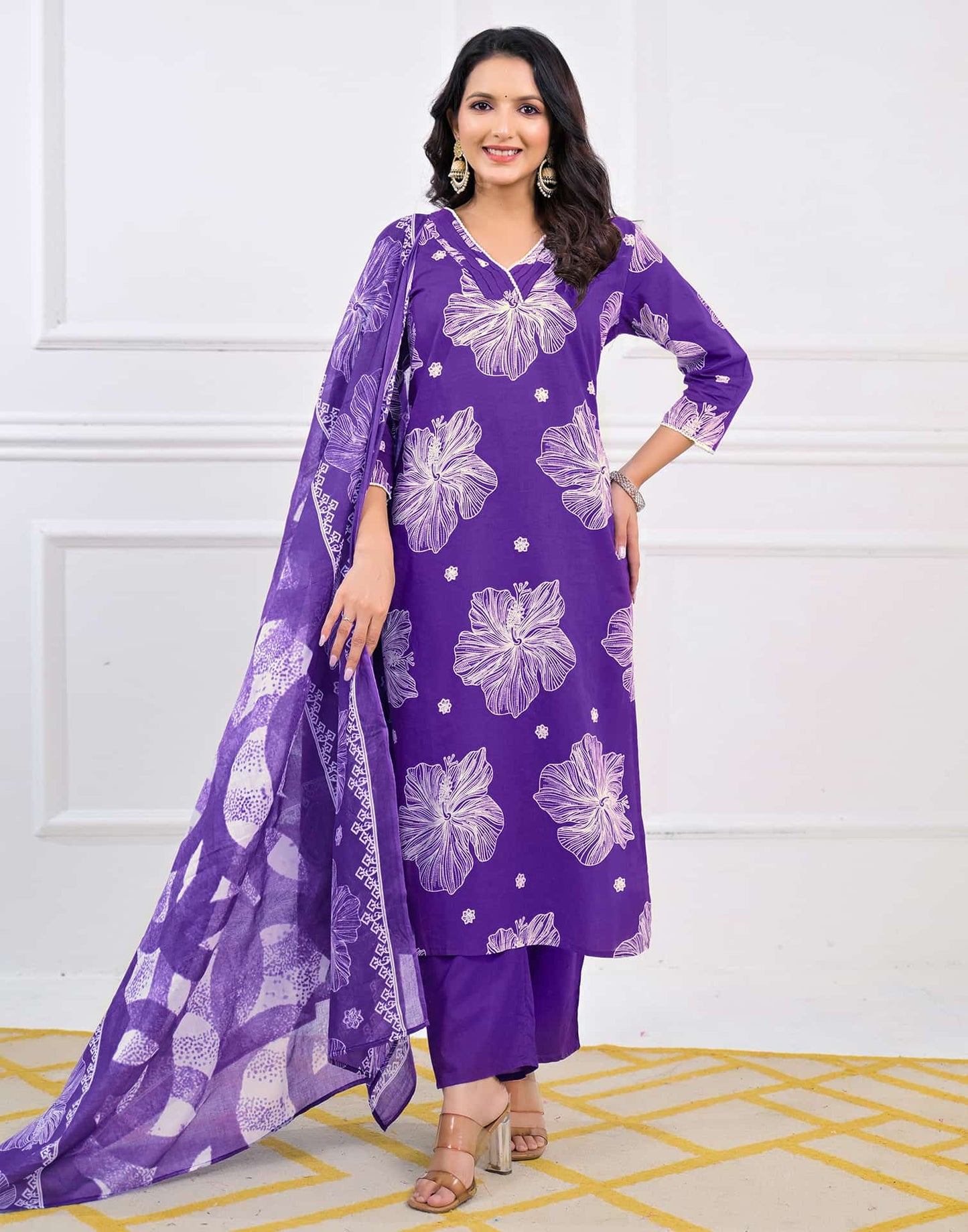 Cotton Straight Printed V-Neck Kurta with Pant & Dupatta