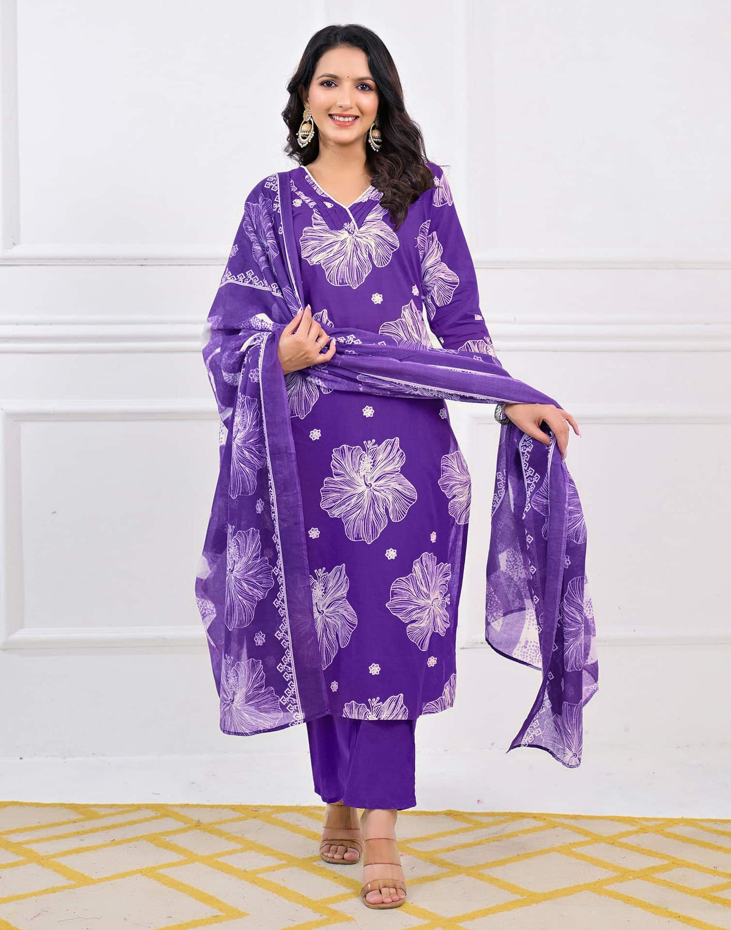Cotton Straight Printed V-Neck Kurta with Pant & Dupatta