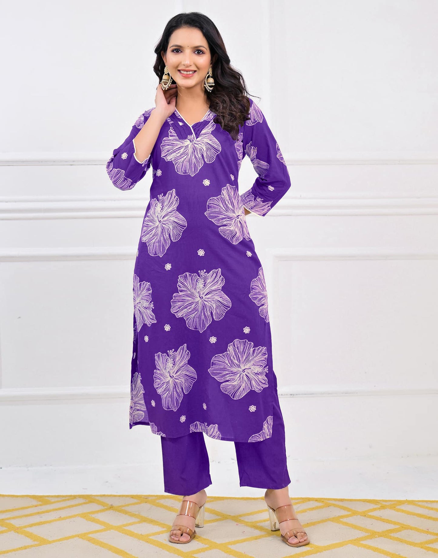 Cotton Straight Printed V-Neck Kurta with Pant & Dupatta
