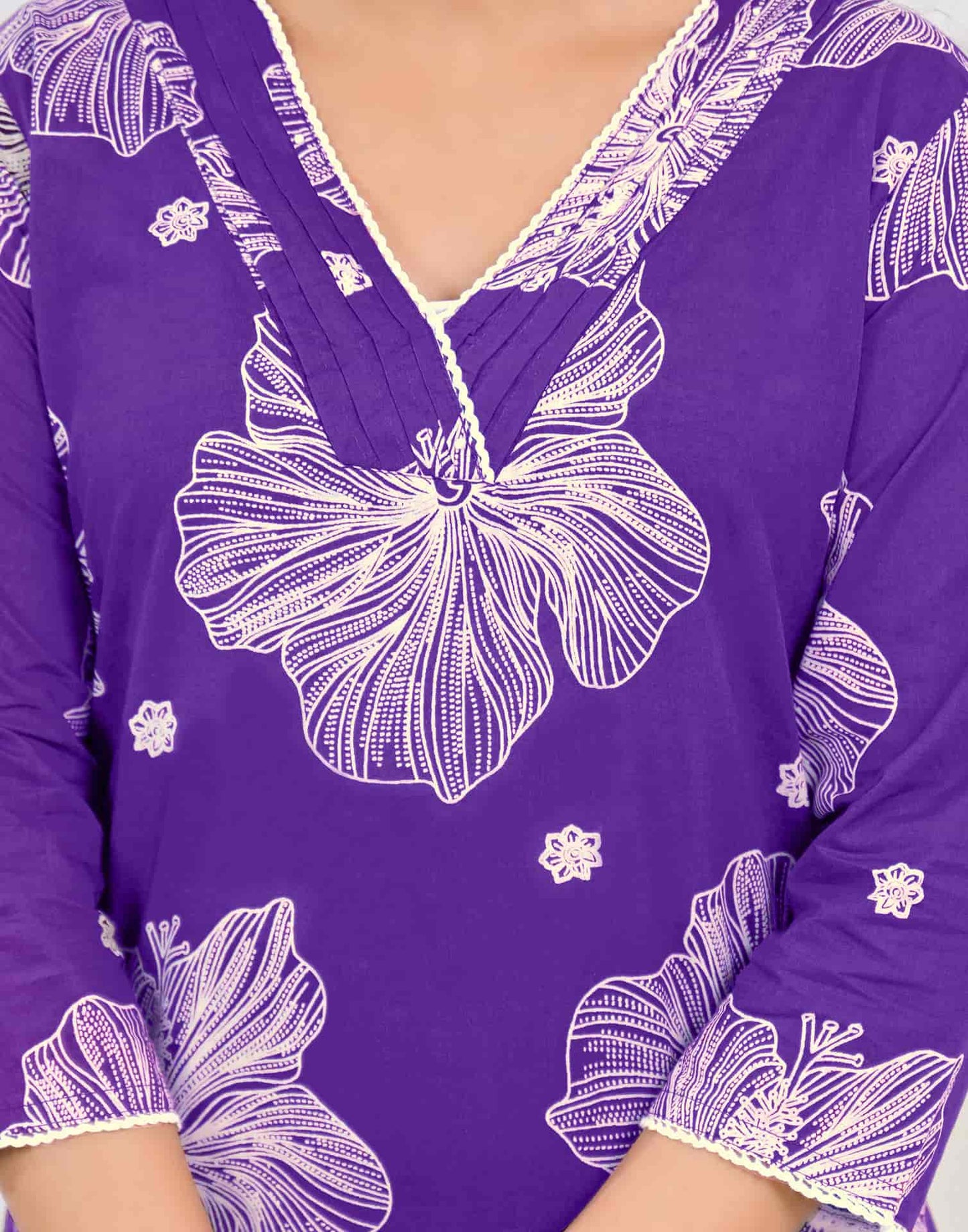 Cotton Straight Printed V-Neck Kurta with Pant & Dupatta