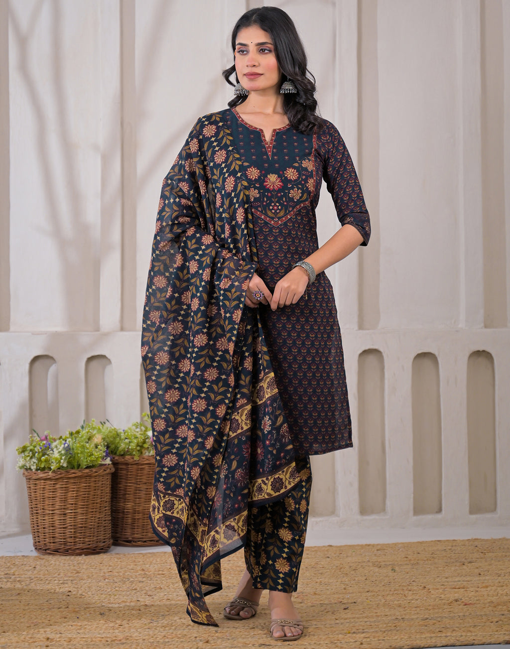 Skylee Cotton Floral Print Straight 3 Piece Kurta Set For Woman