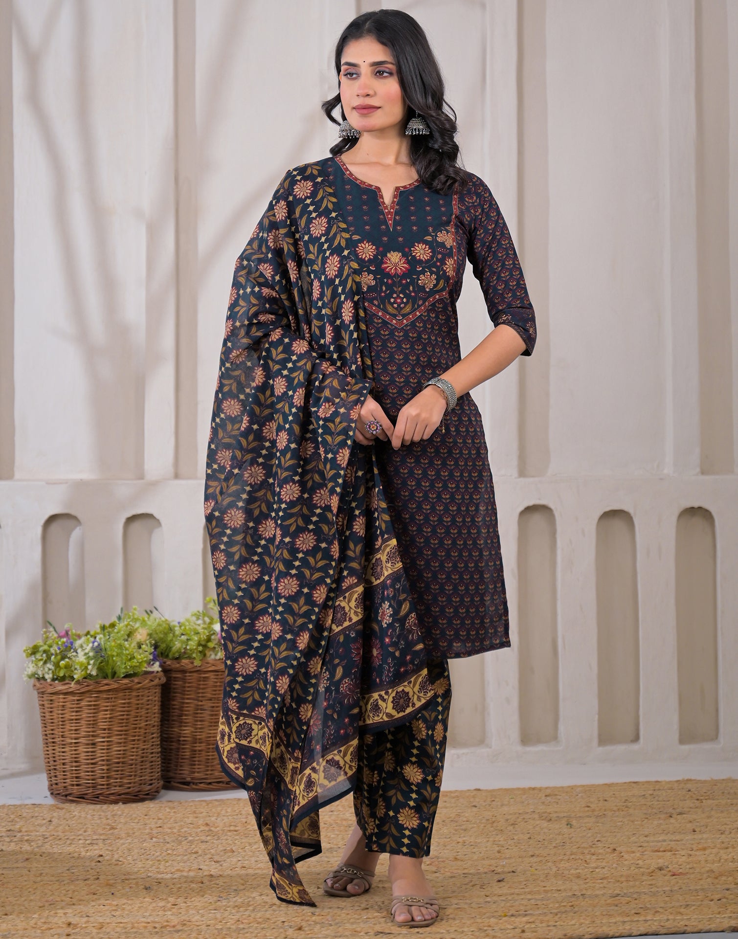 Skylee Cotton Floral Print Straight 3 Piece Kurta Set For Woman