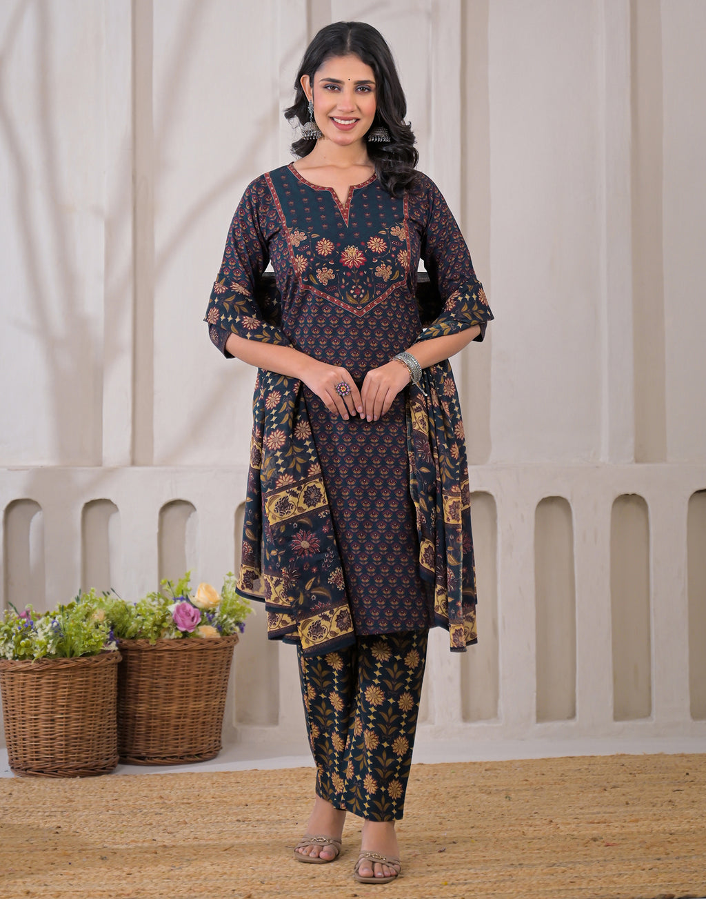 Skylee Cotton Floral Print Straight 3 Piece Kurta Set For Woman