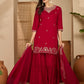Maroon Silk Embroidered Kurta Set with Dupatta Round Neck Ethnic Wear for Karwa Chauth