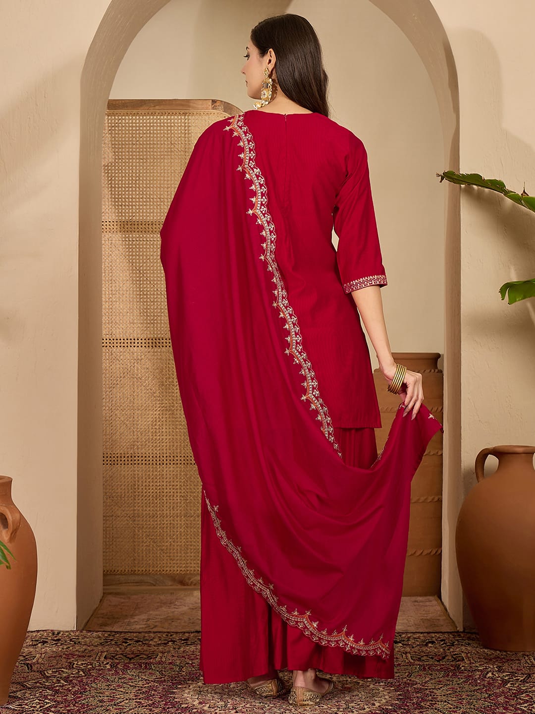 Maroon Silk Embroidered Kurta Set with Dupatta Round Neck Ethnic Wear for Karwa Chauth