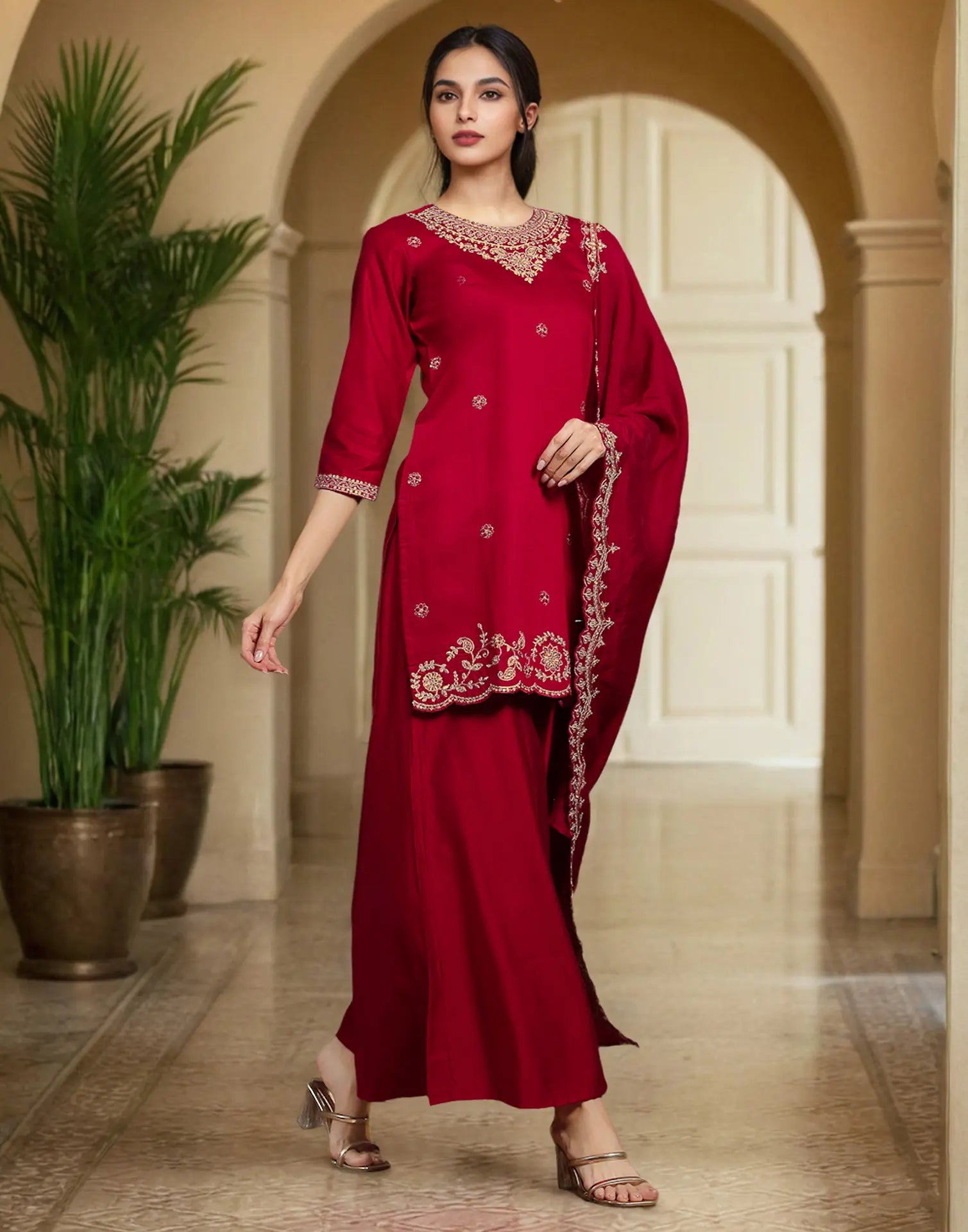 Silk Embroidered Straight 3 Piece Kurta Set