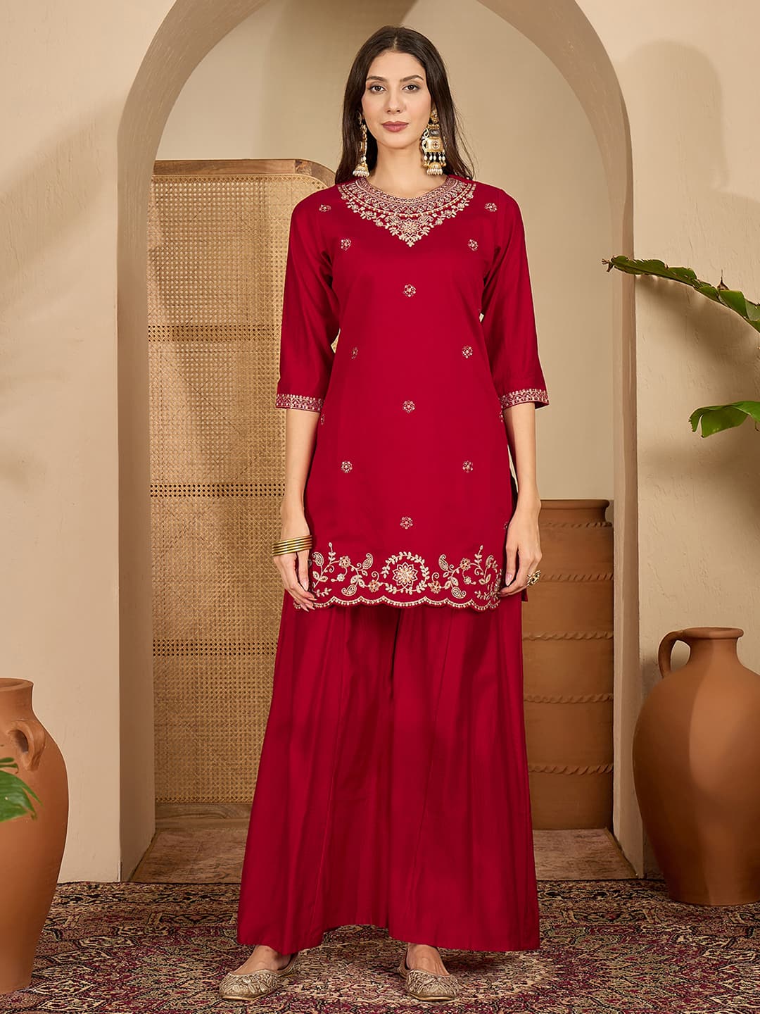Maroon Silk Embroidered Kurta Set with Dupatta Round Neck Ethnic Wear for Karwa Chauth