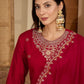 Maroon Silk Embroidered Kurta Set with Dupatta Round Neck Ethnic Wear for Karwa Chauth
