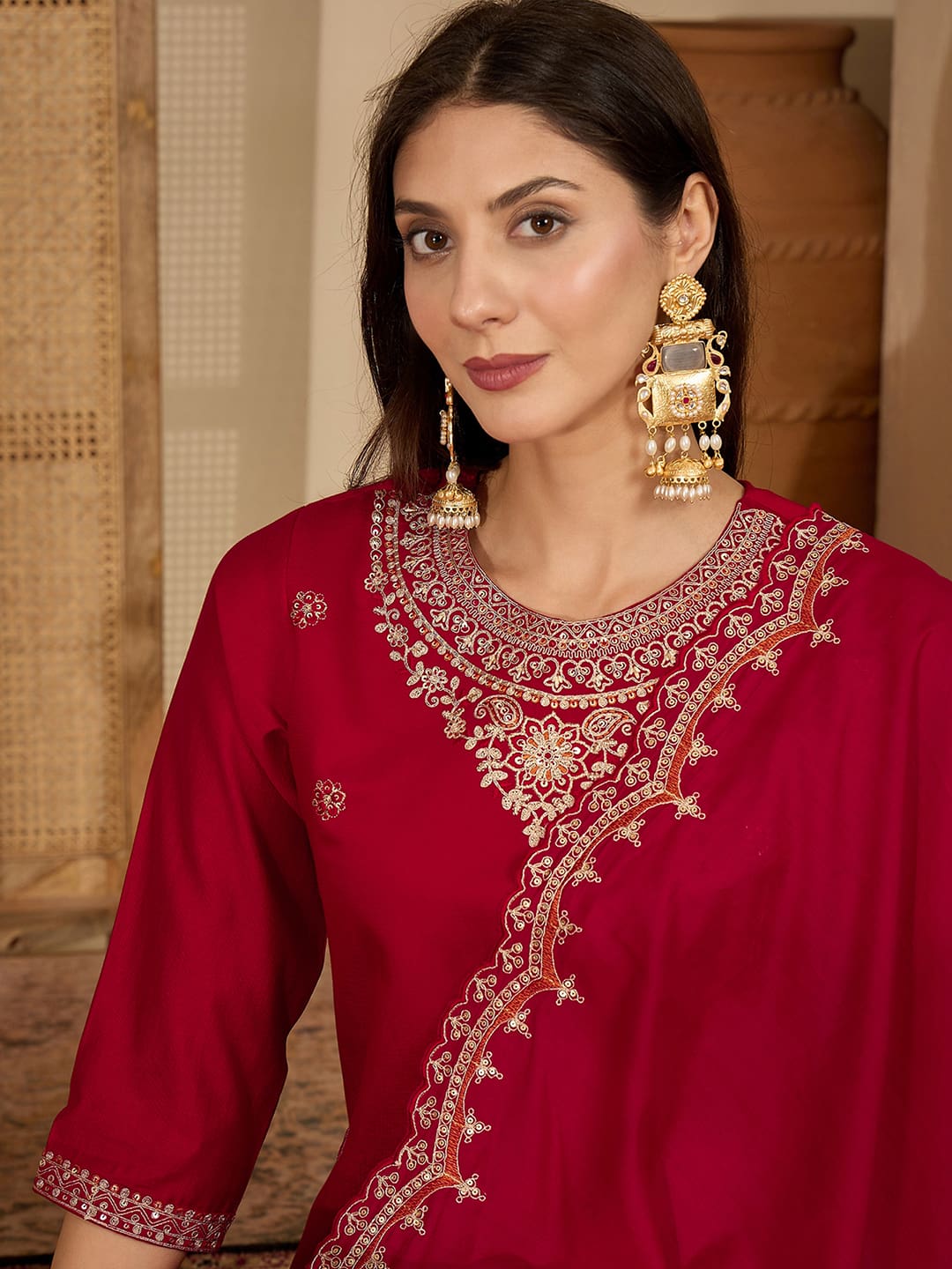 Maroon Silk Embroidered Kurta Set with Dupatta Round Neck Ethnic Wear for Karwa Chauth