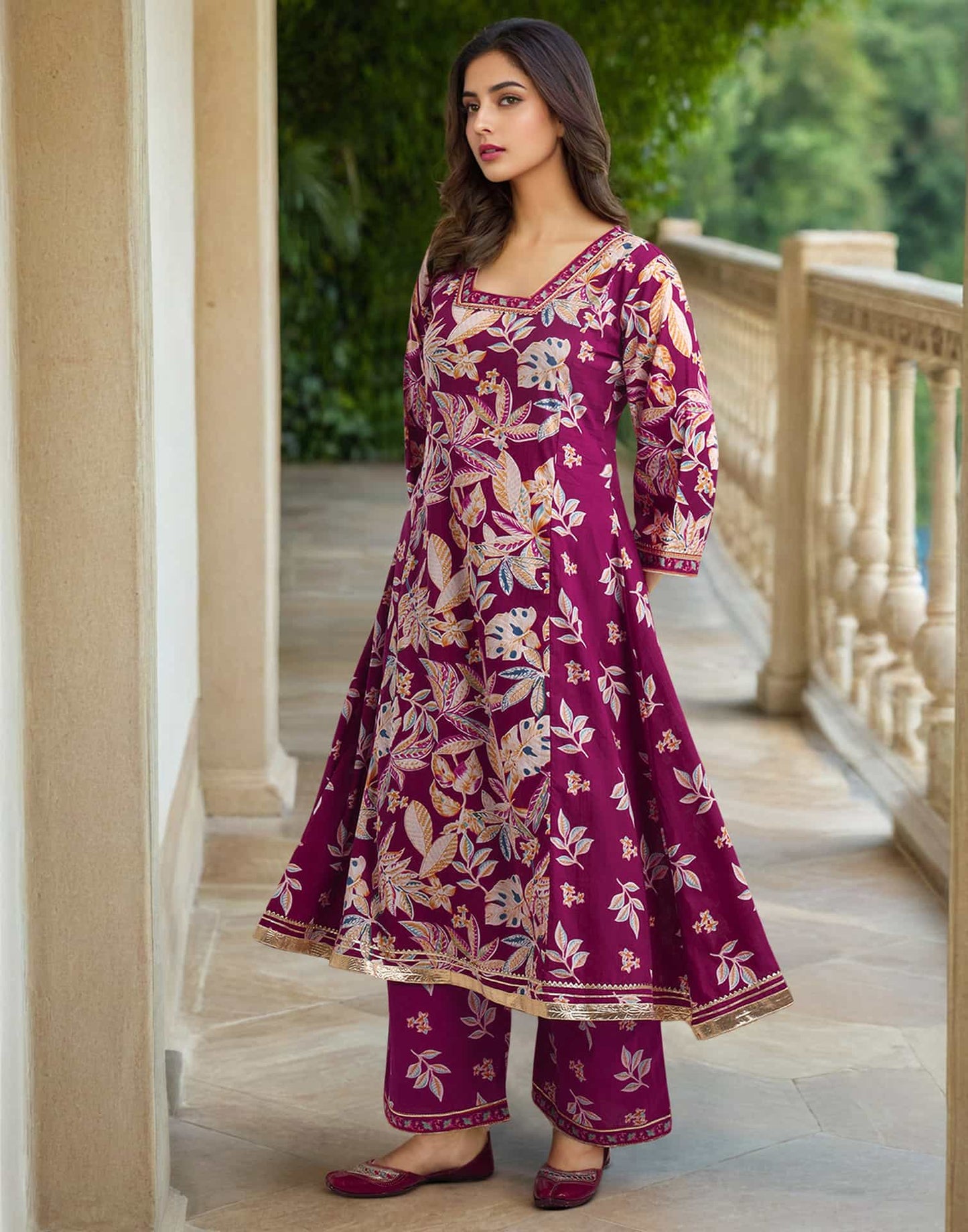 Maroon Cotton Printed Anarkali Kurta Set with Square Neck, Pant & Dupatta  Perfect for Office, Daily & Casual Wear