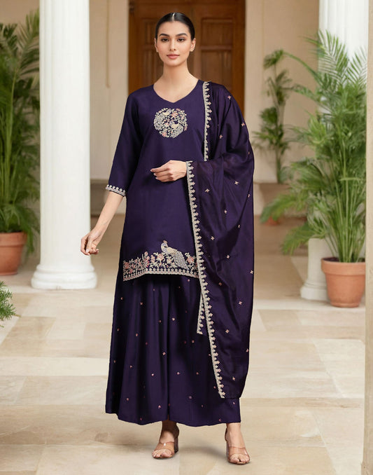 Elegant Purple Silk Embroidered Kurta Set with Sharara & Dupatta Perfect Diwali & Wedding Ethnic Wear