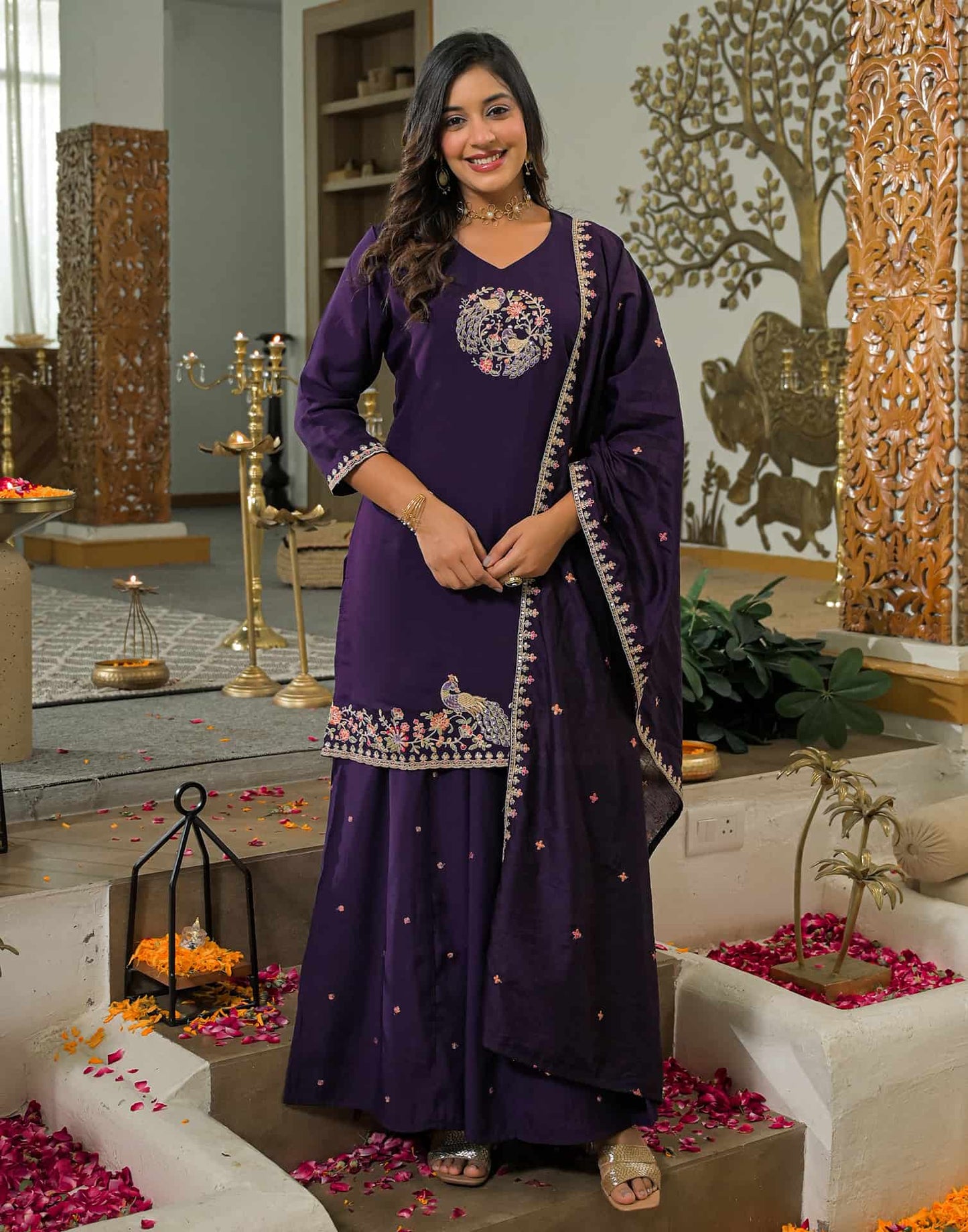 Silk Embroidered Straight Kurta with Pant & Dupatta