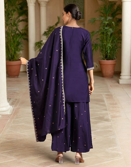 Elegant Purple Silk Embroidered Kurta Set with Sharara & Dupatta Perfect Diwali & Wedding Ethnic Wear