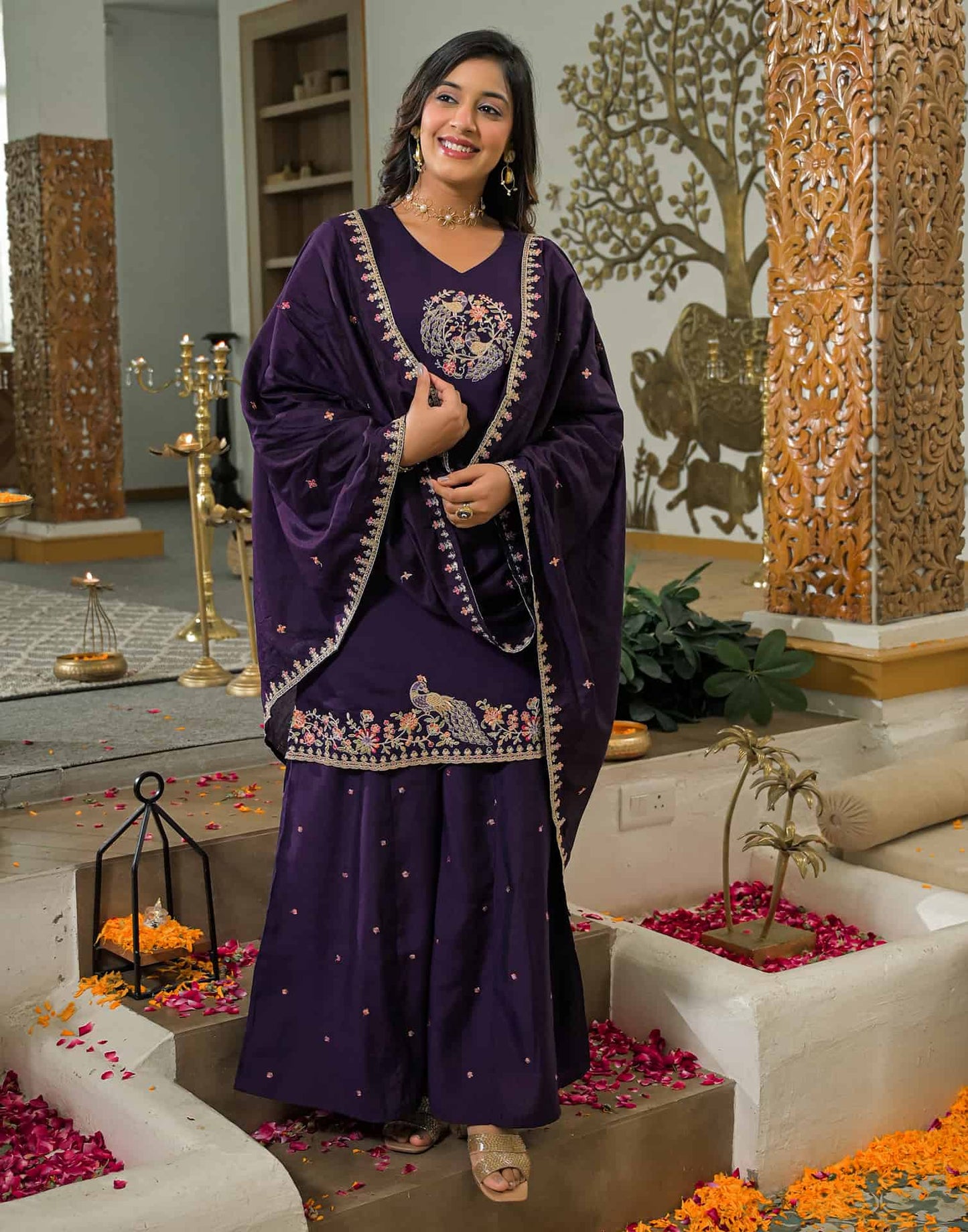 Silk Embroidered Straight Kurta with Pant & Dupatta