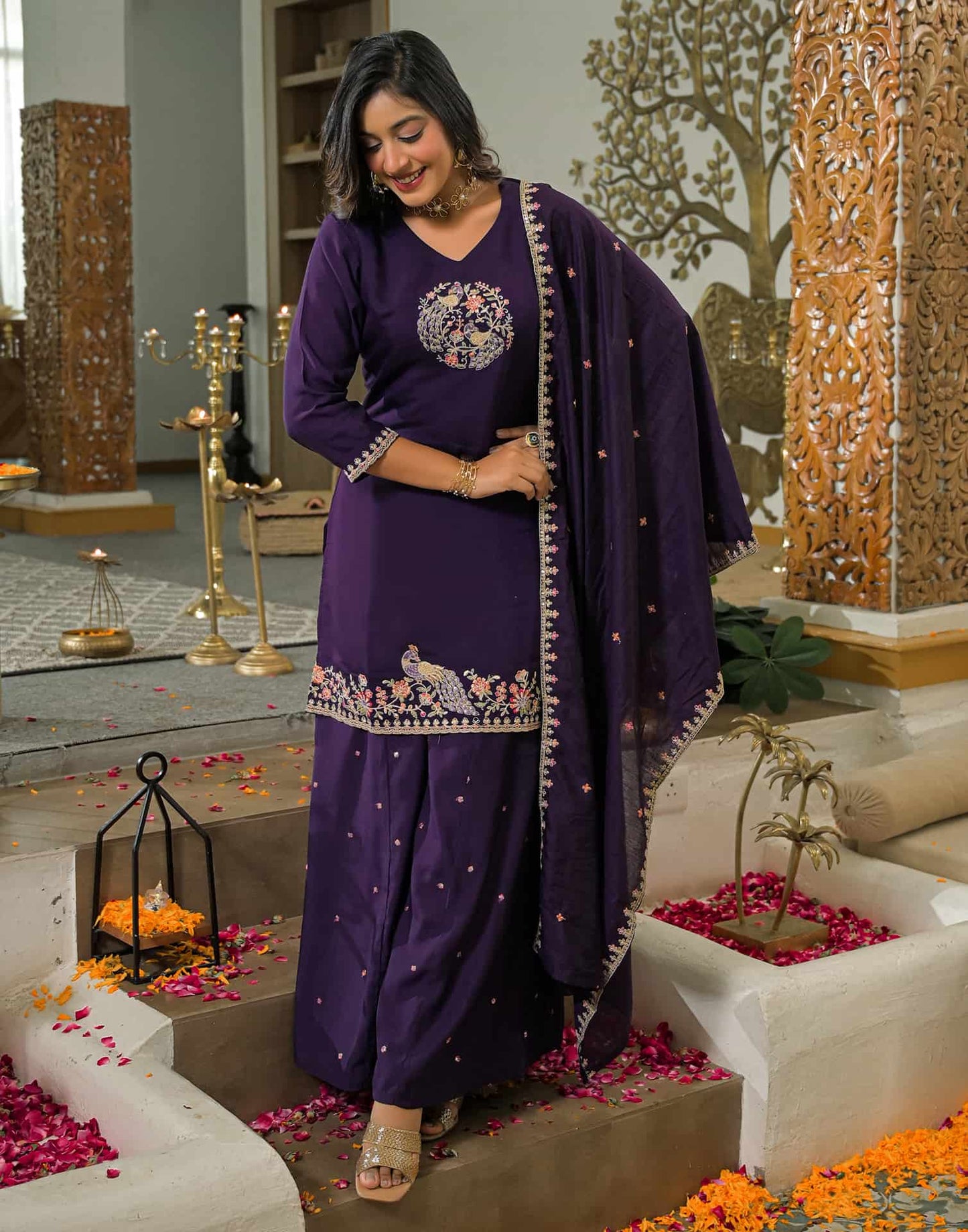 Silk Embroidered Straight Kurta with Pant & Dupatta
