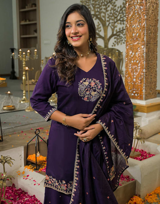 Silk Embroidered Straight Kurta with Pant & Dupatta