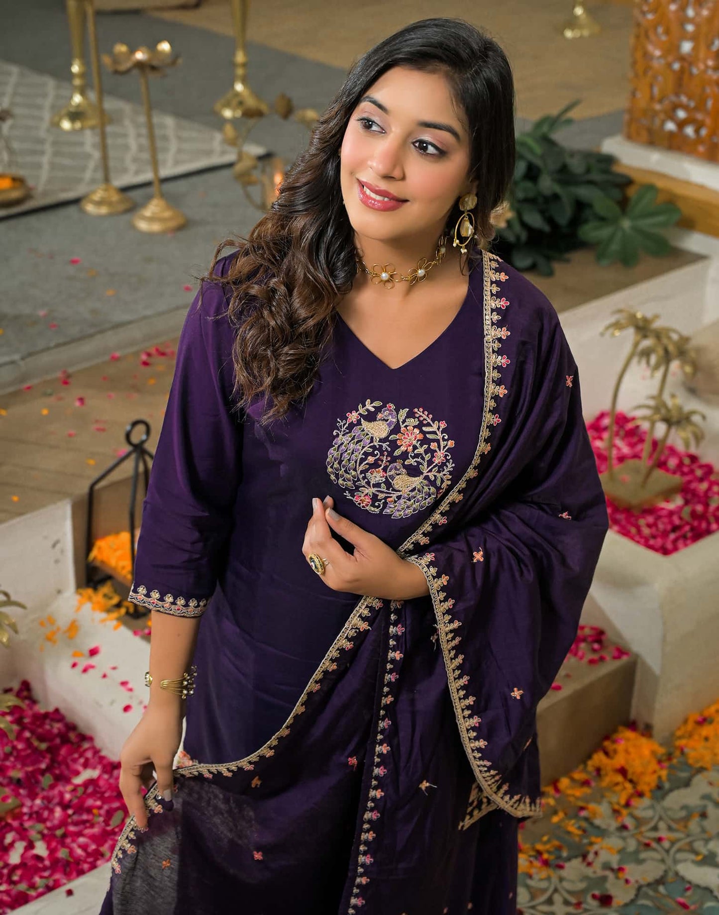 Silk Embroidered Straight Kurta with Pant & Dupatta