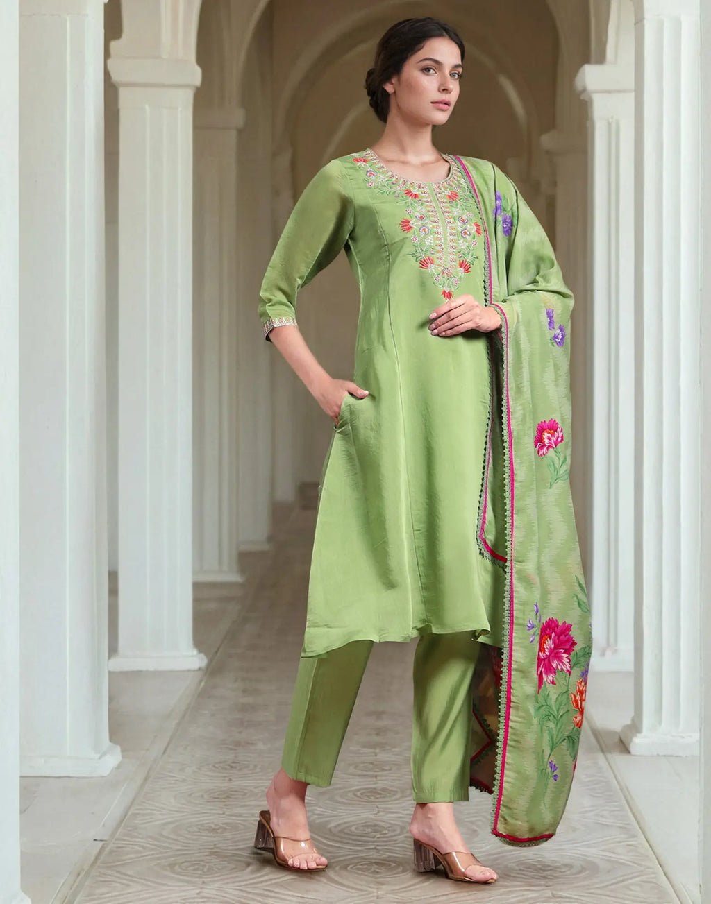 Poly Chinnon Embroidered A-Line 3 Piece Kurta Set