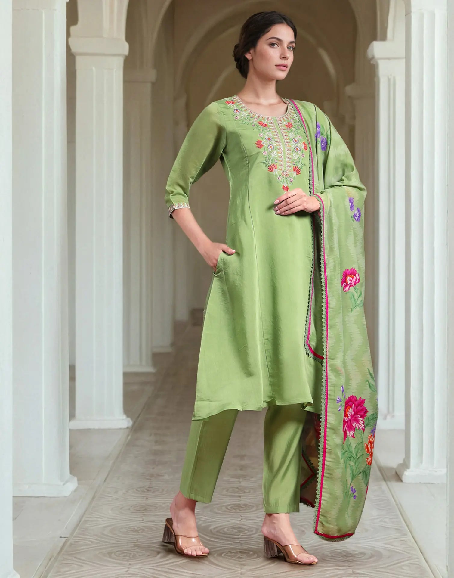 Poly Chinnon Embroidered A-Line 3 Piece Kurta Set