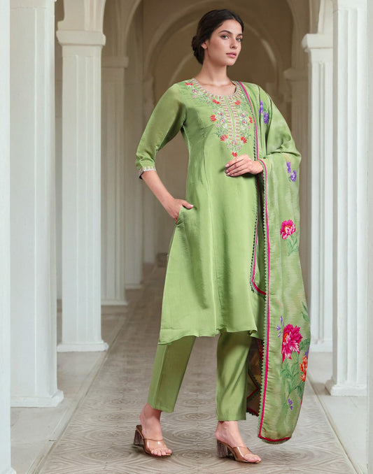 Green Silk Embroidered A-Line Kurta Set with Pant & Dupatta Elegant Festive Wear for Diwali