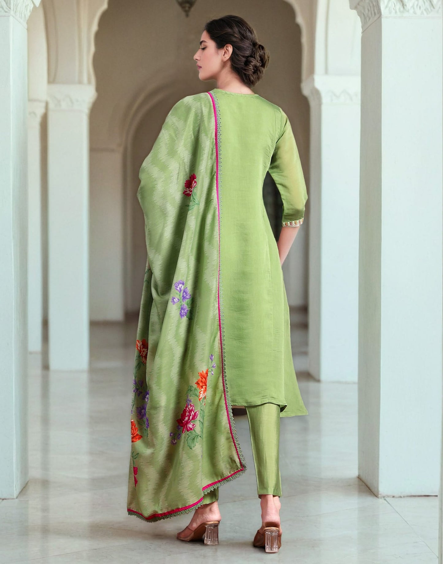 Green Silk Embroidered A-Line Kurta Set with Pant & Dupatta Elegant Festive Wear for Diwali