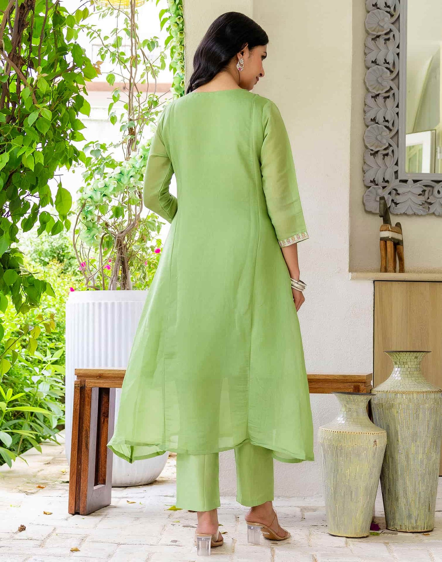 Silk Embroidered A-Line Kurta with Pant & Dupatta
