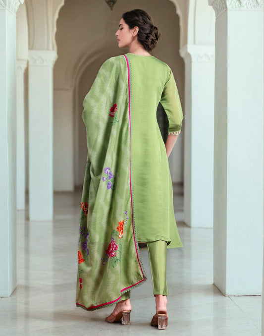 Green Silk Embroidered A-Line Kurta Set with Pant & Dupatta Elegant Festive Wear for Diwali