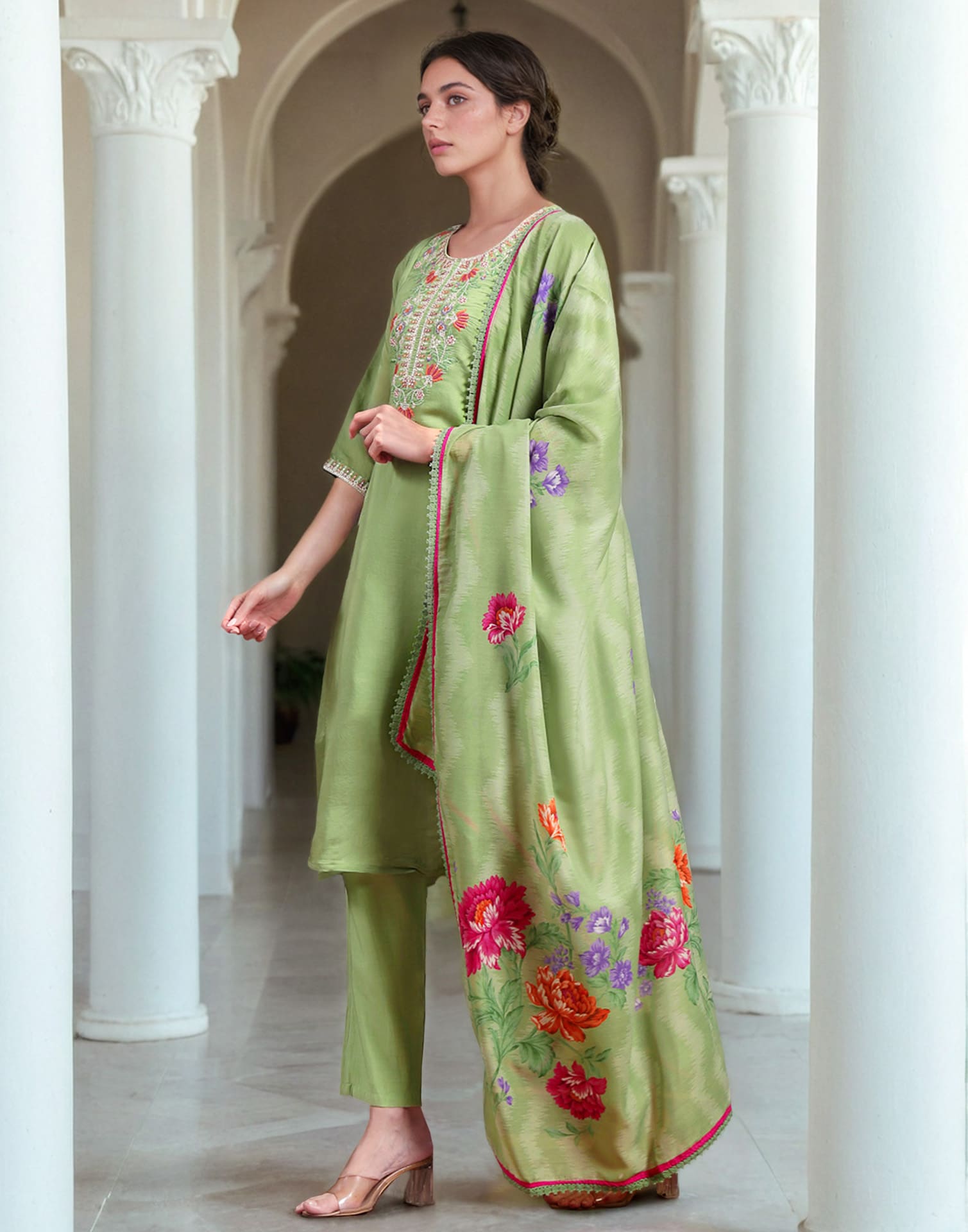 Green Silk Embroidered A-Line Kurta Set with Pant & Dupatta Elegant Festive Wear for Diwali
