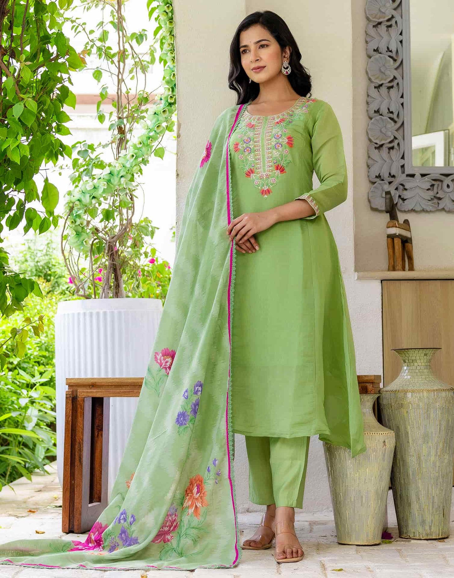Silk Embroidered A-Line Kurta with Pant & Dupatta