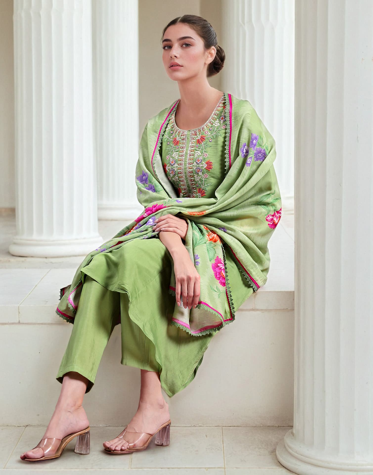 Green Silk Embroidered A-Line Kurta Set with Pant & Dupatta Elegant Festive Wear for Diwali