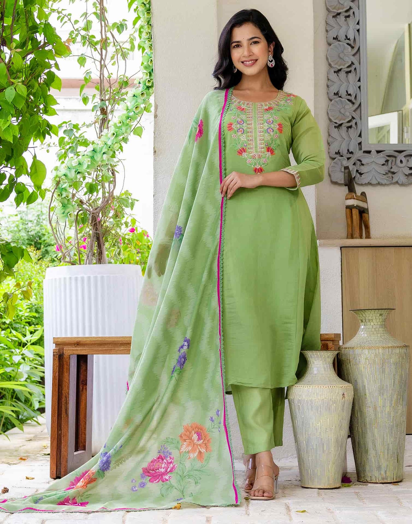Silk Embroidered A-Line Kurta with Pant & Dupatta